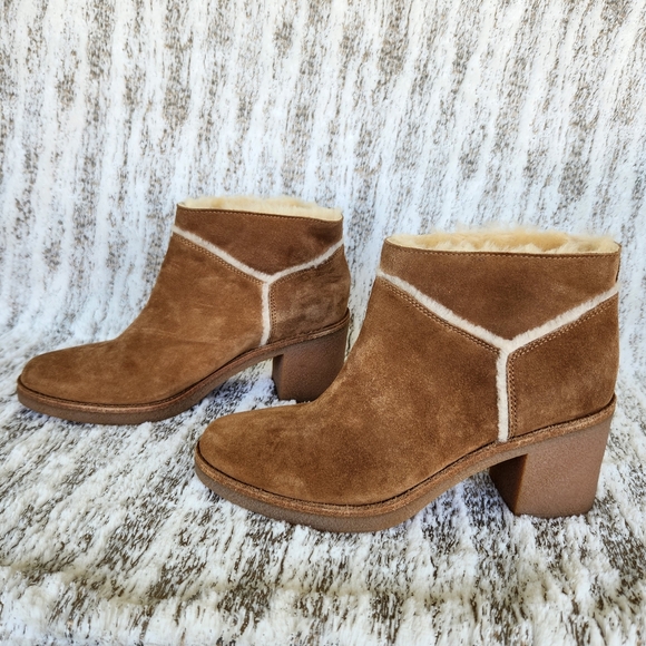 NWOT UGG "Kasen" Suede Sherpa Block Heel Ankle Boot Tan Leather | Women’s 9.5 - Picture 2 of 13